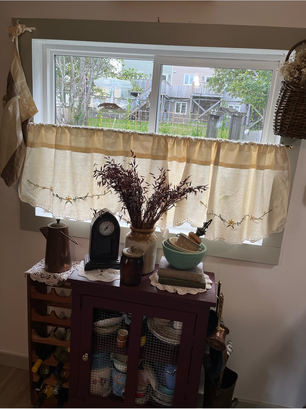 Vintage Embroidered Café Curtain Panel with Crochet Edging